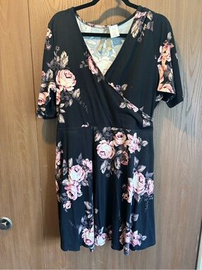 Dia & Co Black Floral Wrap Dress with Pink Roses